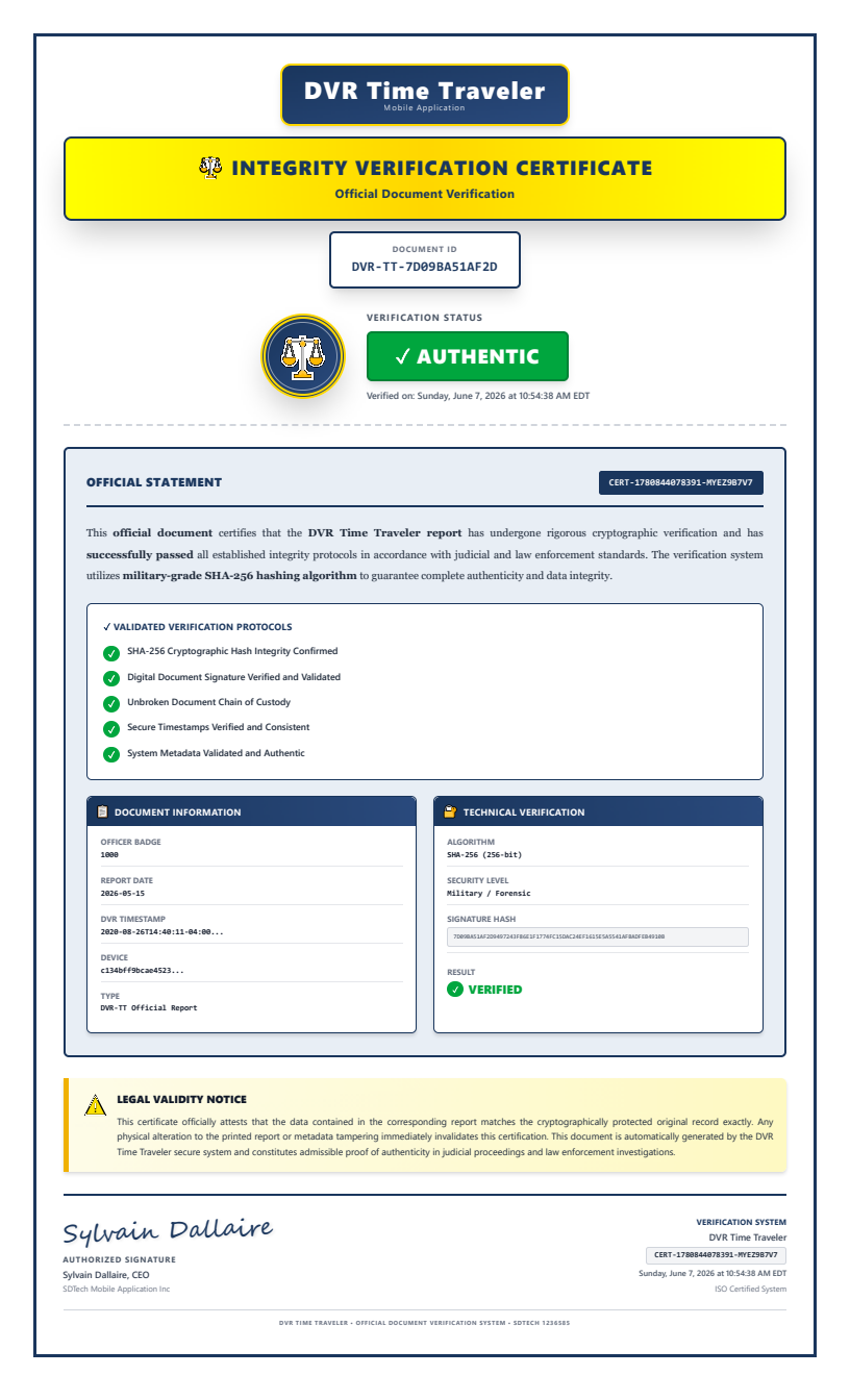 Sample Integrity Verification Certificate