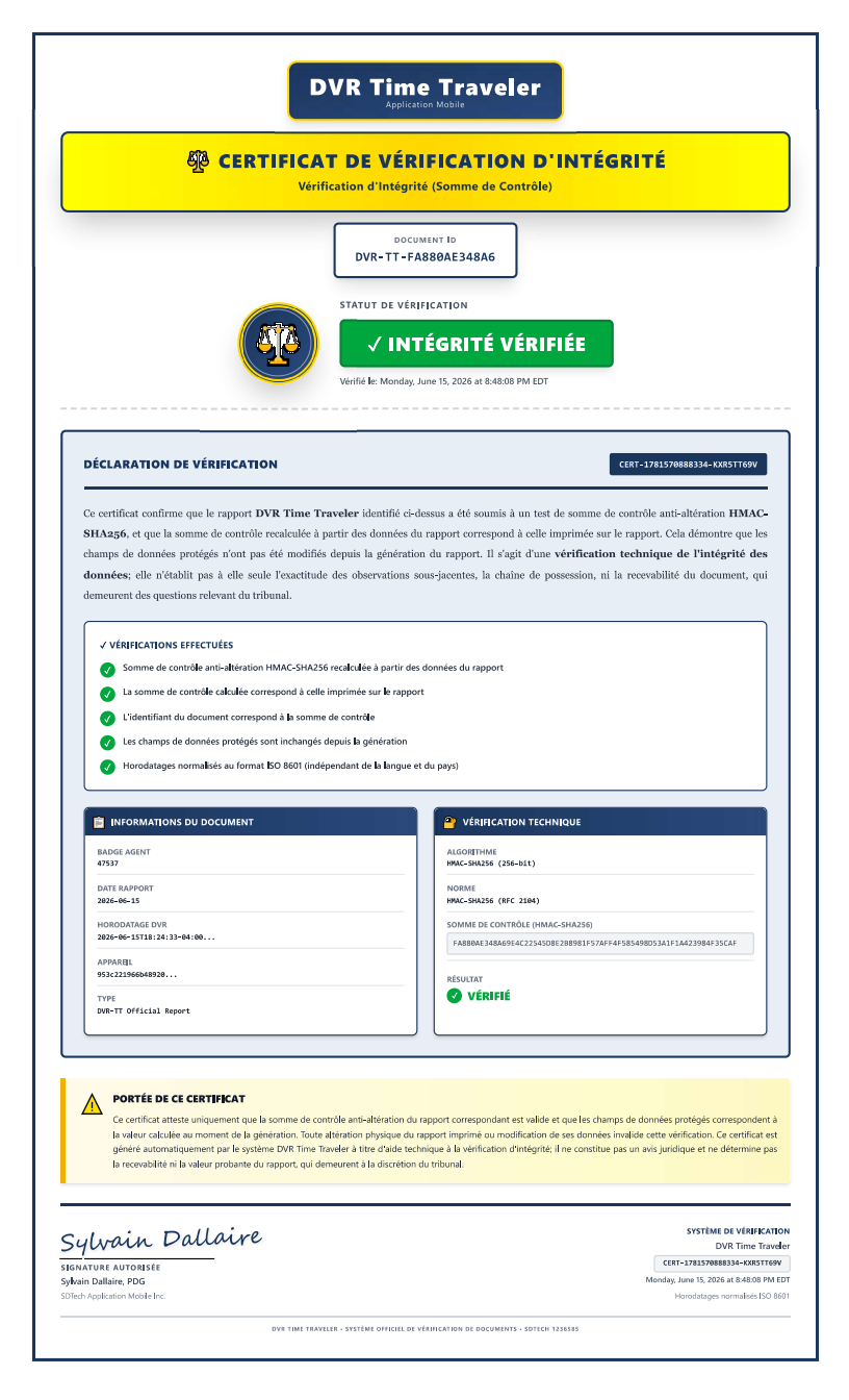 Exemple de certificat de vérification d'intégrité